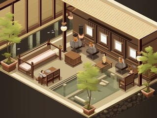 Isometric vector of a lobby in a modern ryokan, featuring a blend of traditional Japanese art, modern minimalist decor, and staff in traditional attire