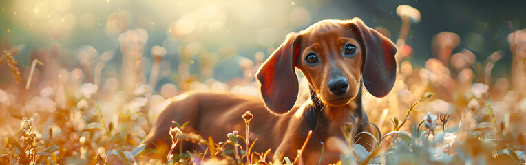 playful puppy in a meadow pet animals adorable and loveable joyful puppy blurred background - Powered by Adobe