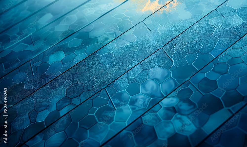 Poster abstract close-up of solar panels with hexagonal patterns in blue light for renewable energy concept