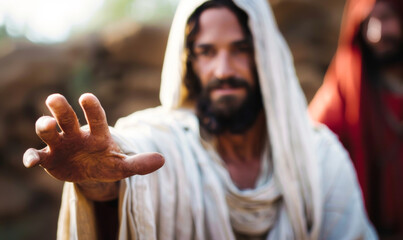 Spiritual Closeup of Jesus Christ Reaching Out Inviting Gesture with Blurred Background, Religious...