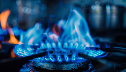 Close-up of a blue fire on a home kitchen stove. Gas stove with burning propane flame