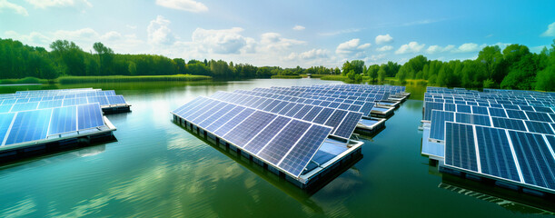 Banner of green technology for generation of electricity with floating solar panel platforms on lake