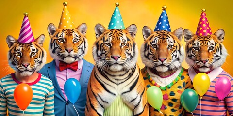 Group of tigers in funny Wacky wild mismatched colourful outfits on bright background. Birthday party invite invitation banner.