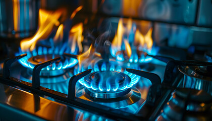 Close-up of a blue fire on a home kitchen stove. Gas stove with burning propane flame