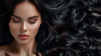 Hairstyle Black Hair. Beautiful Brunette Girl with Shiny Wavy Coiffure