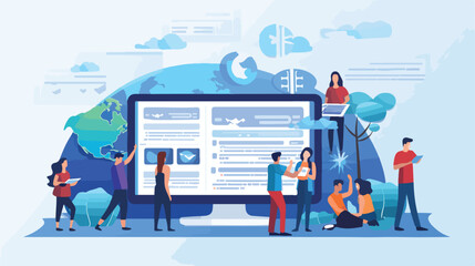 Banner with people characters searching news online