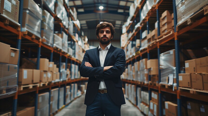 Businessman Standing With Arms Crossed in Warehouse