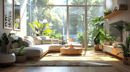 Bright living room with large windows, comfortable sofa, coffee table and lush plants
