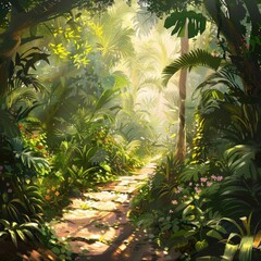 Paradise Illustration. Garden Landscape Artwork: Pathway to Heaven under Sunlight with Flowers and Nature Background