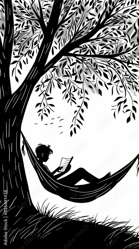 Poster simple line art of a millennial reading in a hammock under a tree.