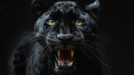 A black panther showing its intimidating teeth in a close-up shot.