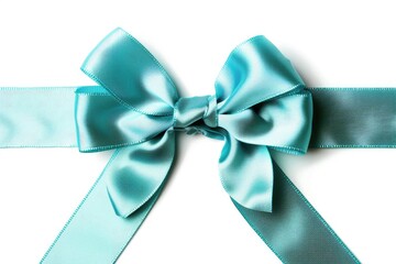 Birthday Bow. Turquoise Satin Ribbon with Bow on White Background. Festive and Beautiful Ribbon for Celebration