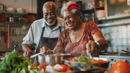 Senior African American Couple Cooking Together in Kitchen