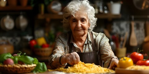 Italian Grandmother Making Traditional Pasta in Kitchen on Wooden Table. Concept Italian Cooking, Traditional Recipe, Family Bonding, Homemade Pasta, Culinary Skills