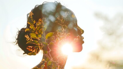 The photo is a surreal portrait of a woman with a double exposure effect