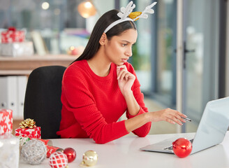 Office woman, Christmas and laptop with planning, ideas or thinking of gift giving for secret...