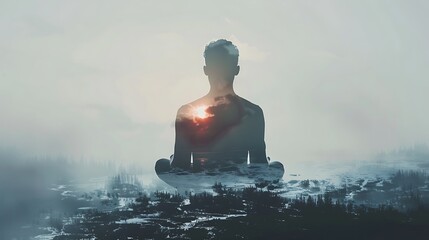 The photo shows a man meditating on a mountaintop