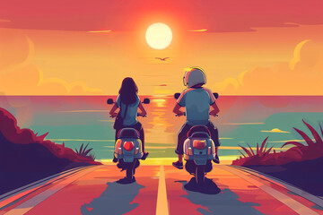Couple on motorcycles driving toward the sunset along a coastal road
