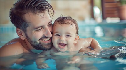 Dad and smiling baby in swimming pool.