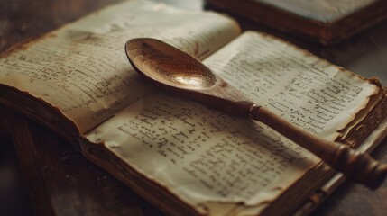Vintage wooden spoon on an old cookbook