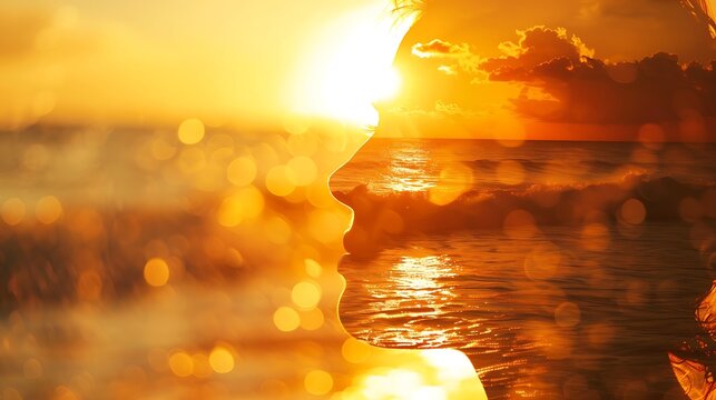 The photo shows a woman's face in a double exposure with the sun setting over the ocean.