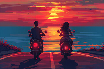 Two people riding motorcycles toward the sunset along a coastal road