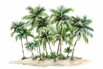Group of tall coconut palms with lush green leaves growing in sandy soil