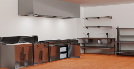 3D render of industrial metal kitchen with refrigerators, ovens and metal stoves in steel