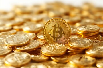 Pile of gold bitcoins. Coins are scattered around the letter B, creating a feeling of abundance and wealth.