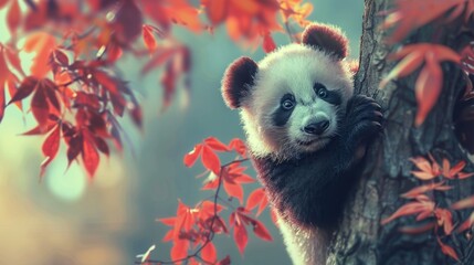 A panda bear on tree in Autumn with beautiful foliage in wild forest.