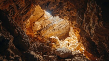 Obraz premium Inside A Cave. View Near the Entrance of Natural Hollow Rock Formation