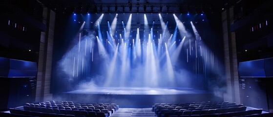The contemporary theater features a hightech stage with LED screens and advanced lighting, creating a mystifying atmosphere for performances