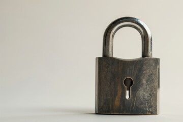 Close-up image of an old, scratched padlock against a smooth, light beige backdrop, symbolizing security, privacy, and time-worn resilience