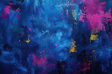 Navy Blue Abstract. Hand Painted Creative Background with Yellow, Red, and Pink Accents
