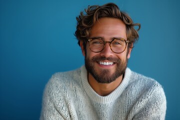 Obraz premium A man with glasses and a beard is smiling and wearing a white sweater. He looks happy and content