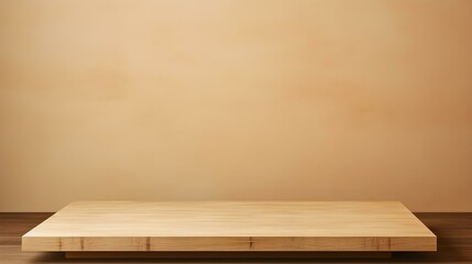 Close up of a square wooden Pedestal for Product Presentation. Empty beige Showroom