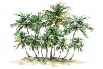 A cluster of lush green coconut palm trees with varying heights standing on sandy ground against a white background