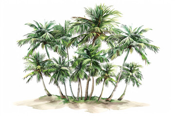 Fototapeta premium A cluster of lush green coconut palm trees with varying heights standing on sandy ground against a white background