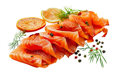 Smoked salmon slices with dill and citrus, cut out - stock png.