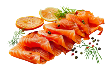 Smoked salmon slices with dill and citrus, cut out - stock png.