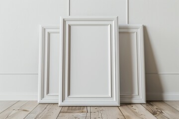 Picture Frame On Floor. Vertical Wooden Frame Mock-Up on Simple White Wall