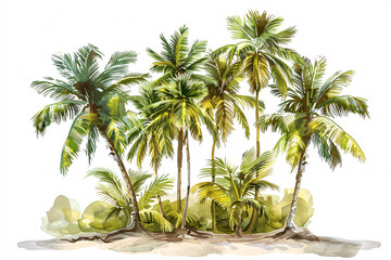 Illustration of lush green palm trees on a sandy beach
