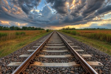 Obraz premium Train Tracks Landscape in the Midwest: Scenic Railway Travel and Transportation