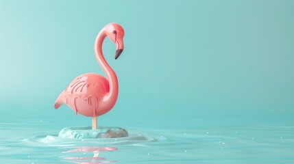 Summer Minimal. Creative Idea of Melting Pink Ice Cream and Flamingo Float on Pastel Blue Background