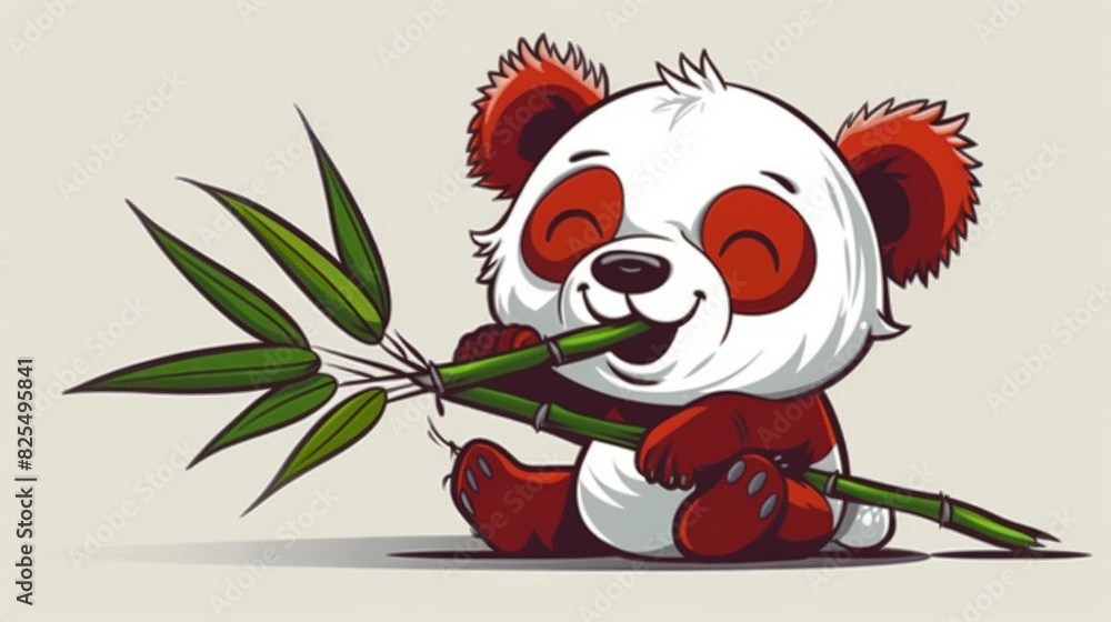 Sticker   A panda bear sits on the ground with bamboo sticks in its mouth