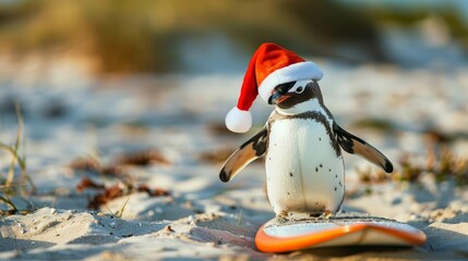 Penguin wearing a Santa hat holding a surfboard