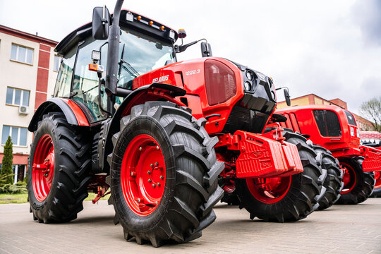 Minsk, Belarus - April 27, 2024: Tractors Belarus on at the tractor factory MTZ in Minsk