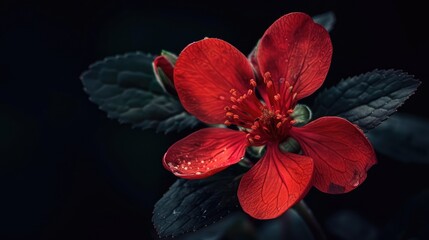 Vibrant red flower with dark backdrop and visible green leaves Bright petals and clearly visible stamen