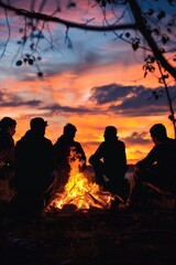 Tranquil silhouette of millennials sitting around a campfire.