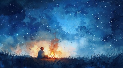 Tranquil watercolor illustration of a nomad sitting beside a campfire